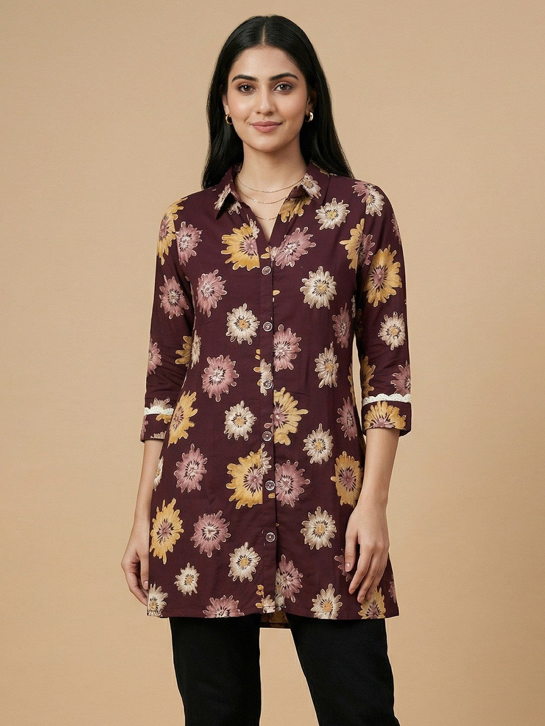 Wine Floral Print Rayon Top for Casual and Daily Wear - Image 1