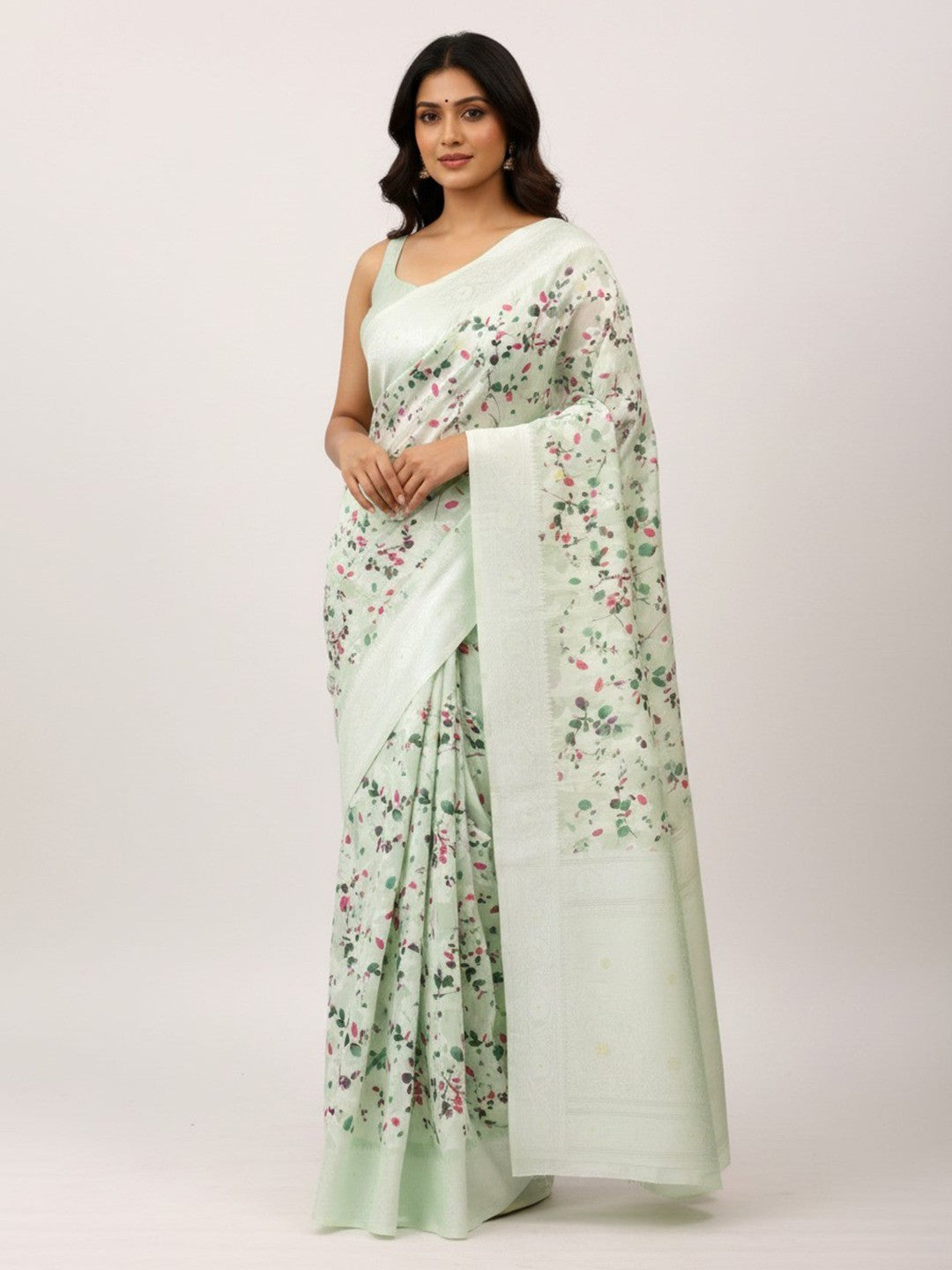 Mint Green Floral Digital Print Silk Blend Lucknowi Saree With Jacquard Woven Border & Rich Pallu - Image 1