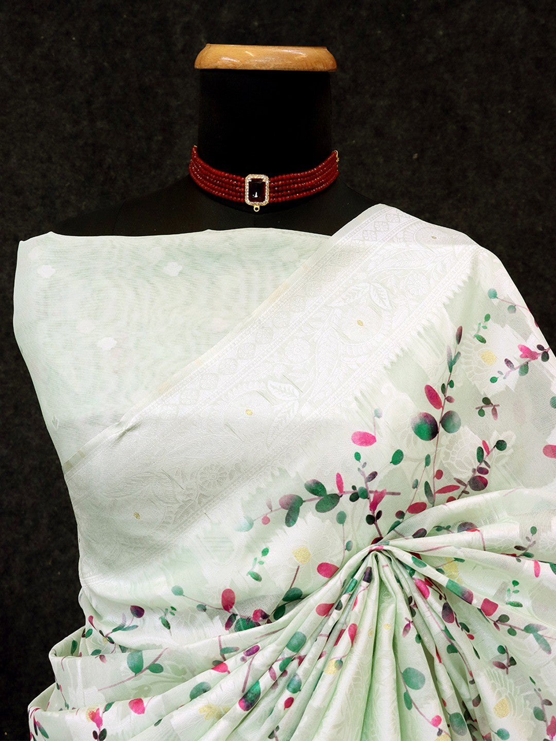 Mint Green Floral Digital Print Silk Blend Lucknowi Saree With Jacquard Woven Border & Rich Pallu - Image 3