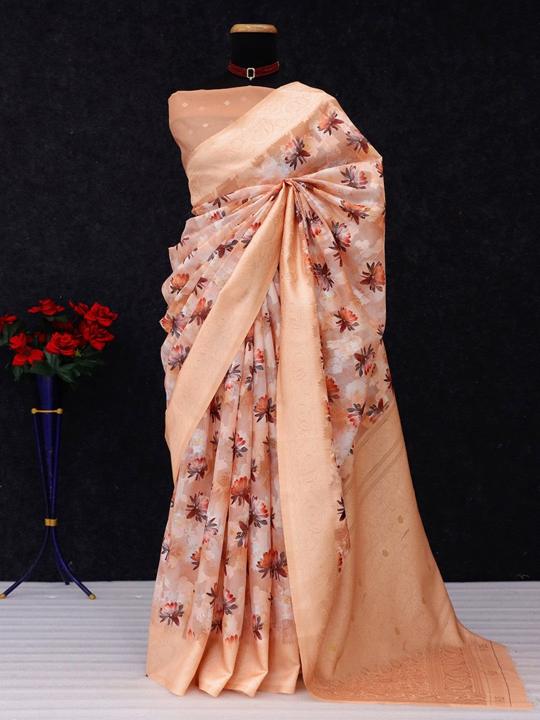 Peach Floral Digital Print Silk Blend Lucknowi Saree With Jacquard Woven Border & Rich Pallu - Image 4