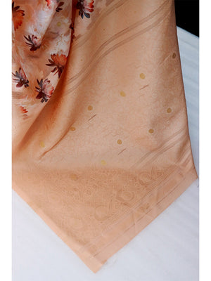 Peach Floral Digital Print Silk Blend Lucknowi Saree With Jacquard Woven Border & Rich Pallu - Image 2