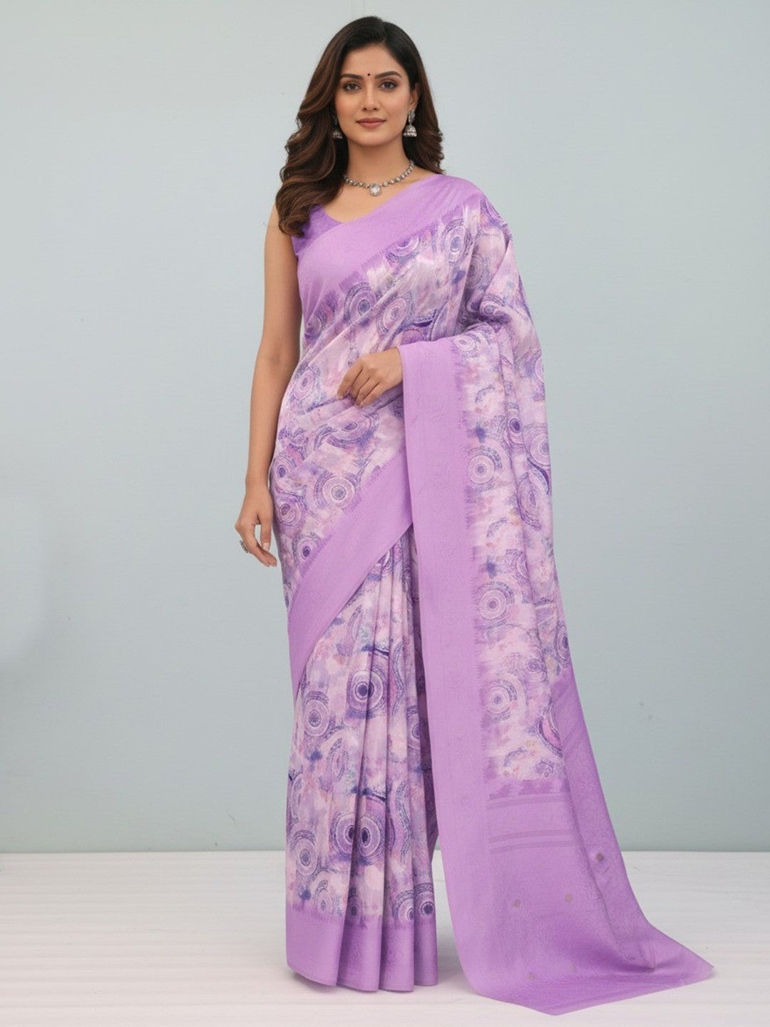 Lavender Digital Print Silk Blend Lucknowi Saree With Jacquard Woven Border & Rich Pallu - Image 1