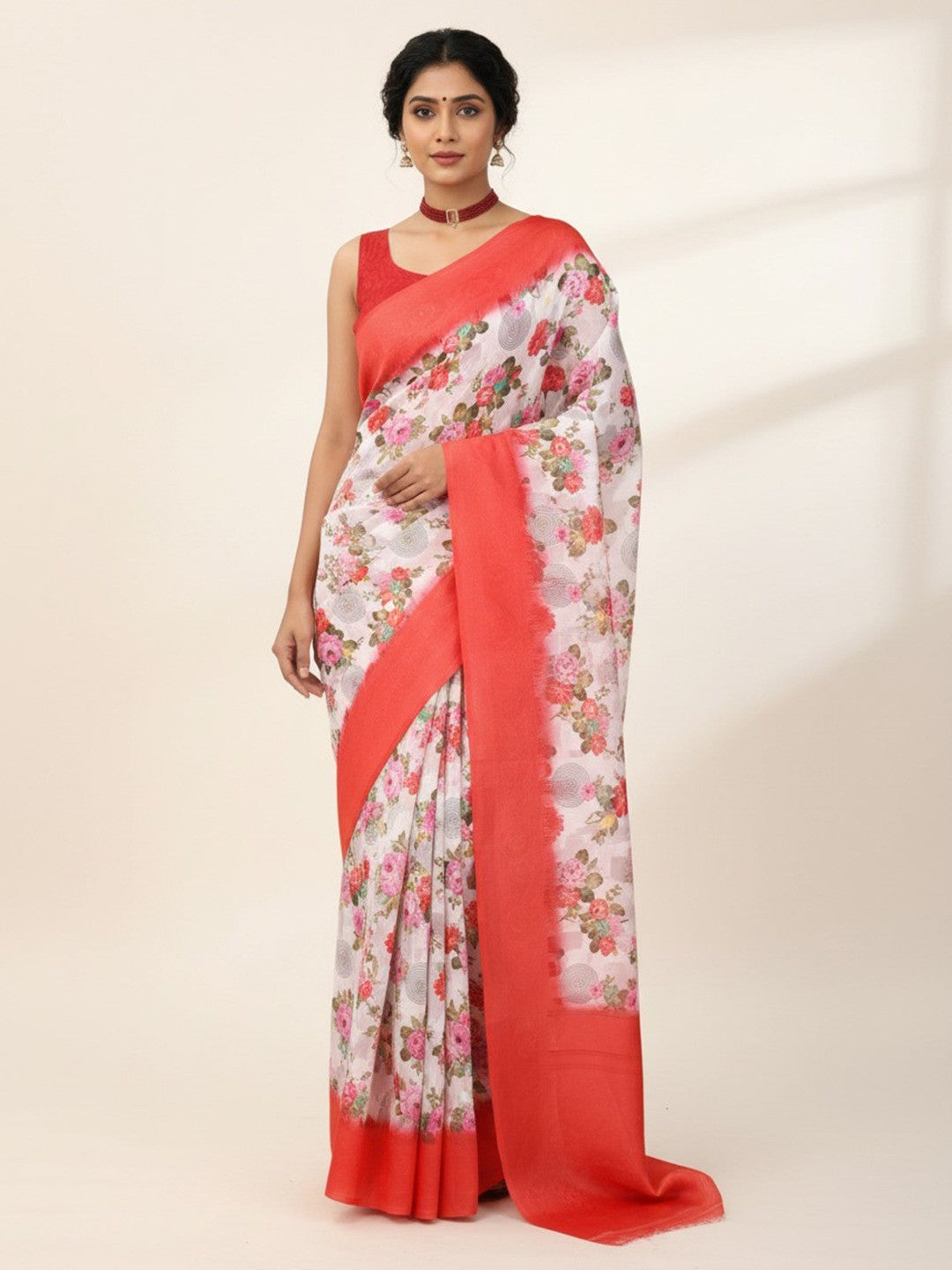 White & Red Floral Digital Print Silk Blend Lucknowi Saree With Jacquard Woven Border & Rich Pallu - Image 1