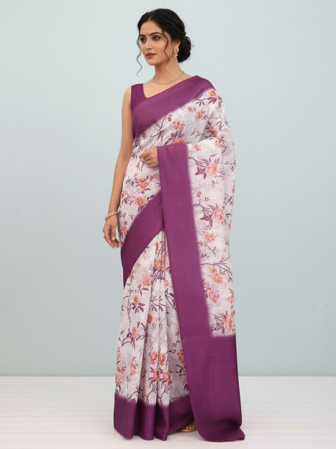 White & Wine Floral Leaf Digital Print Silk Blend Lucknowi Saree With Jacquard Woven Border & Rich Pallu - Image 1