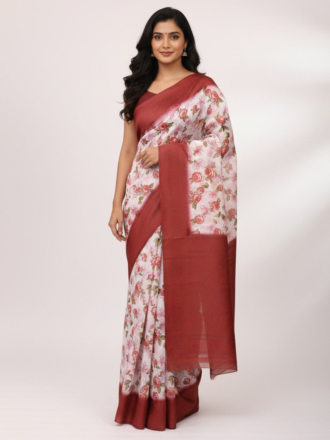 White & Maroon Floral Digital Printed Silk Blend Lucknowi Saree With Jacquard Woven Border & Pallu - Image 1