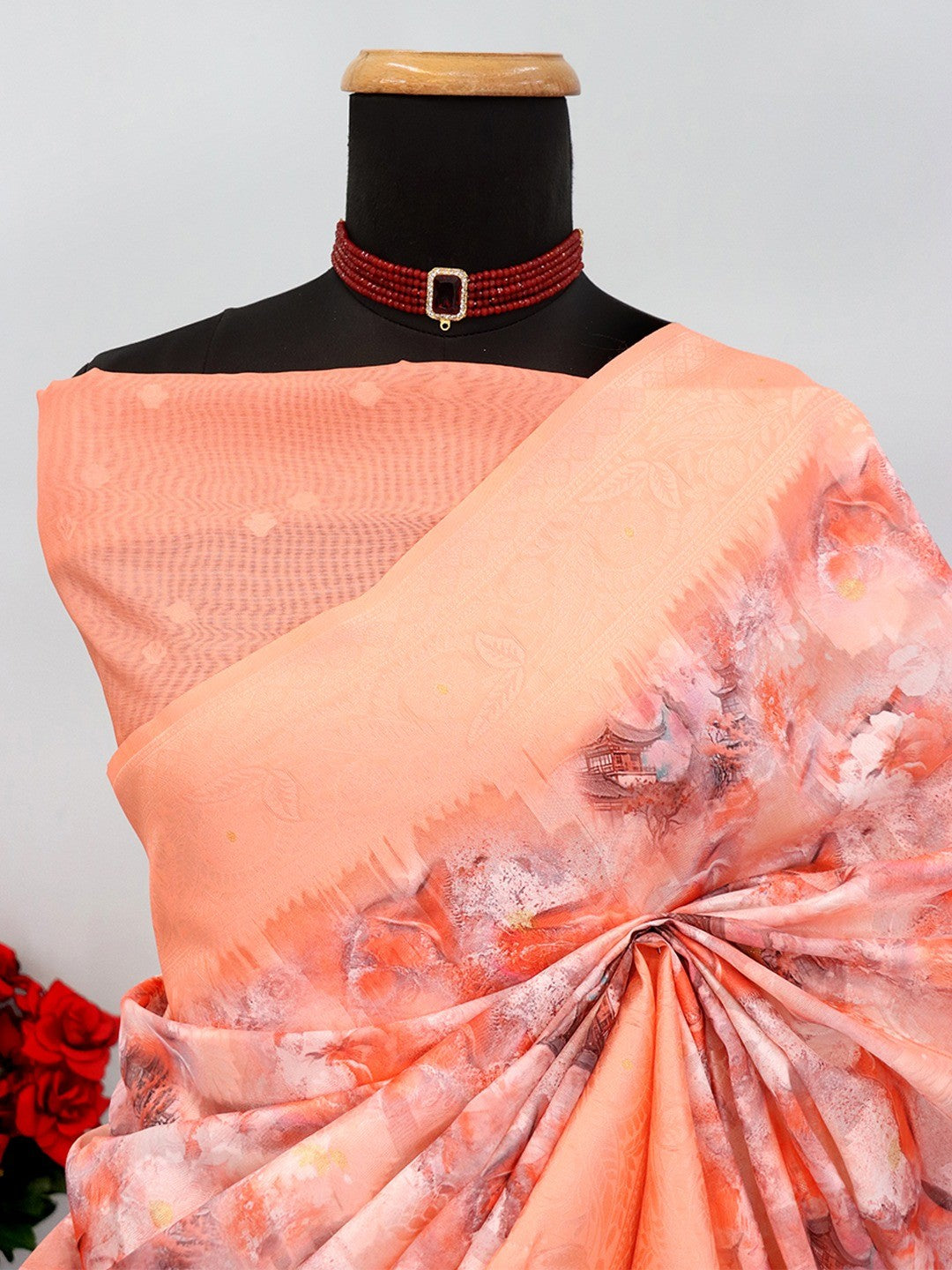 Peach Floral Digital Printed Silk Blend Lucknowi Saree With Jacquard Woven Border & Pallu - Image 3
