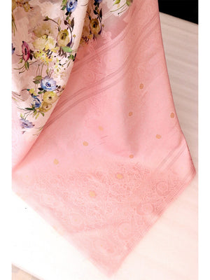 Offwhite & Pink Floral Digital Printed Silk Blend Lucknowi Saree With Jacquard Woven Border & Pallu - Image 2