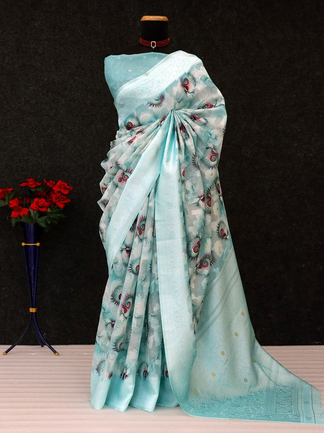 Turquoise Floral Digital Printed Silk Blend Lucknowi Saree With Jacquard Woven Border & Pallu - Image 4