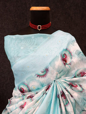 Turquoise Floral Digital Printed Silk Blend Lucknowi Saree With Jacquard Woven Border & Pallu - Image 2