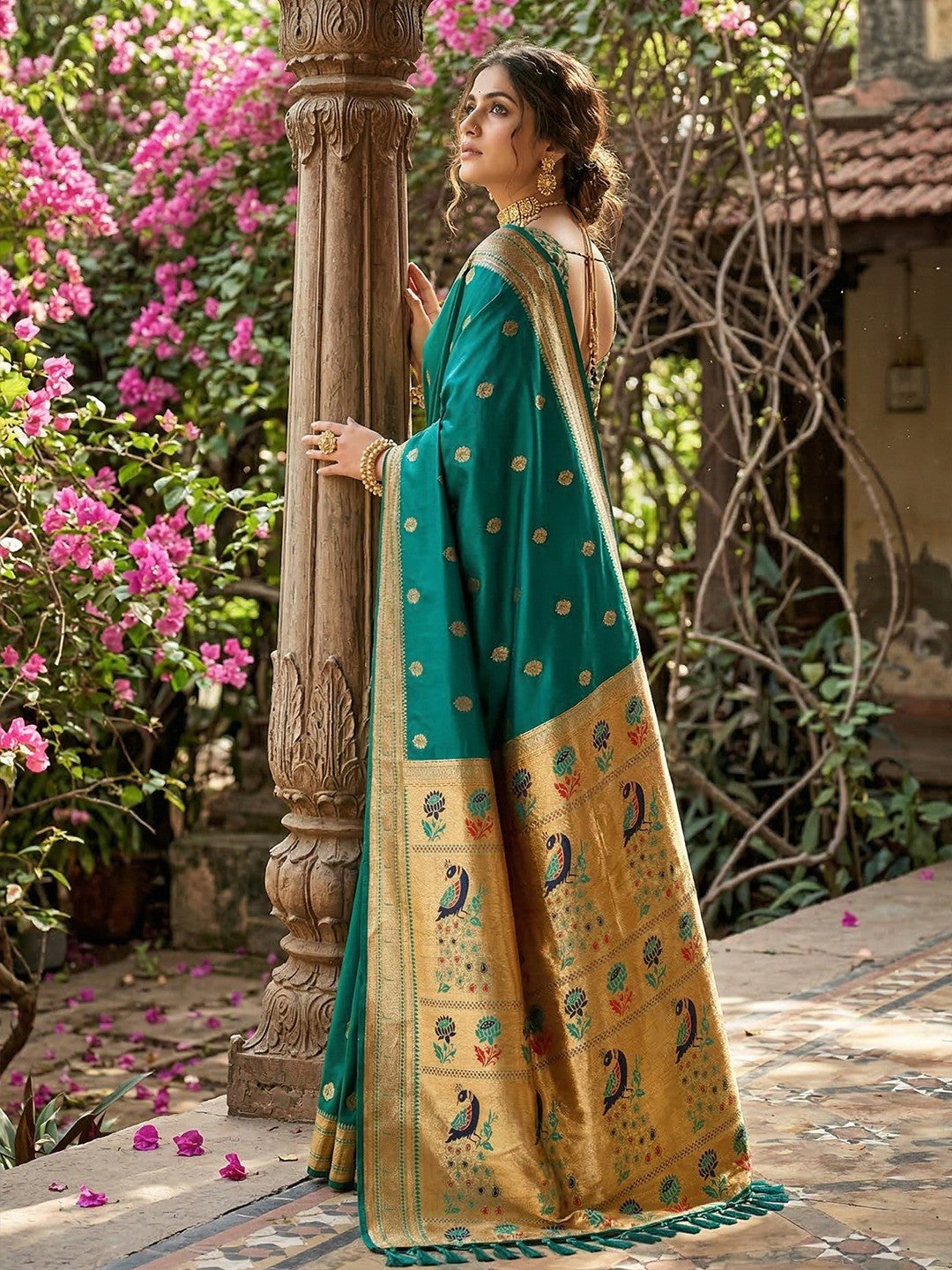 Rama Green Silk Blend Saree with Peacock Zari Work In Paithani Style - Image 3