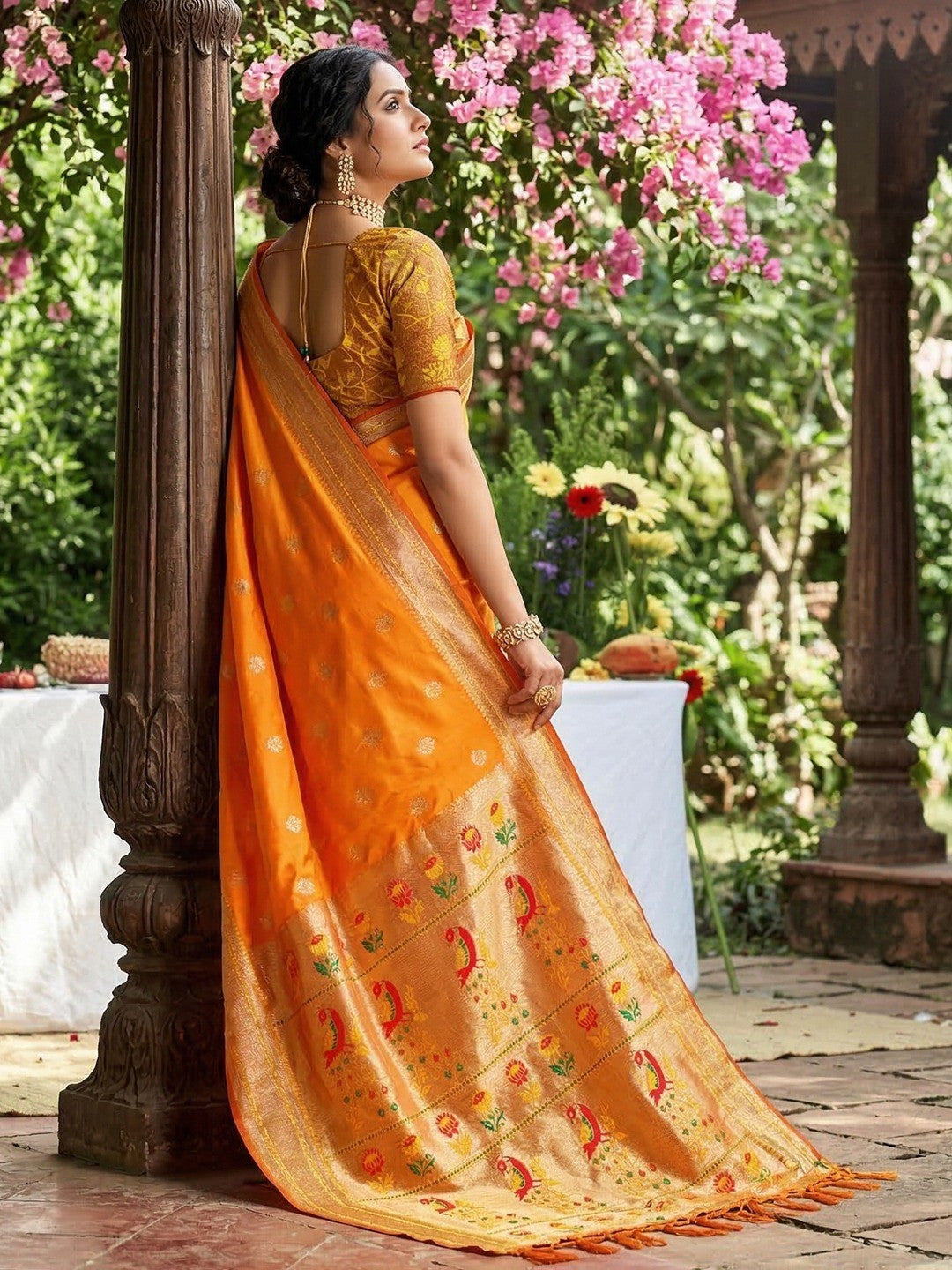 Yellow Silk Blend Saree with Peacock Zari Work In Paithani Style - Image 2