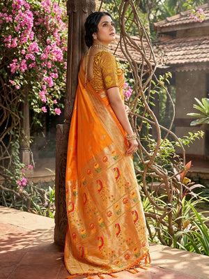 Yellow Silk Blend Saree with Peacock Zari Work In Paithani Style - Image 2