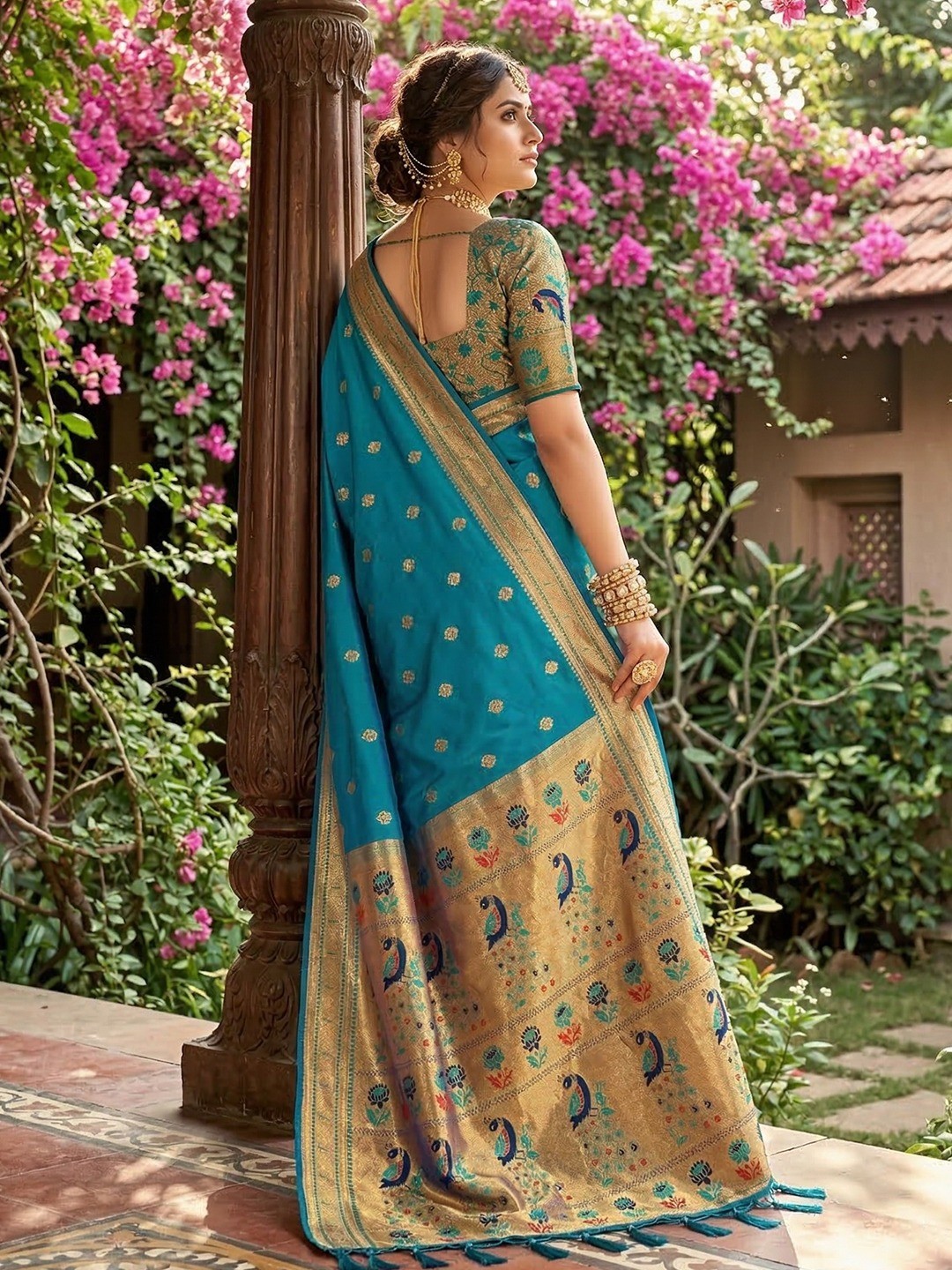 Rama Blue Silk Blend Saree with Peacock Zari Work in Paithani Style - Image 3