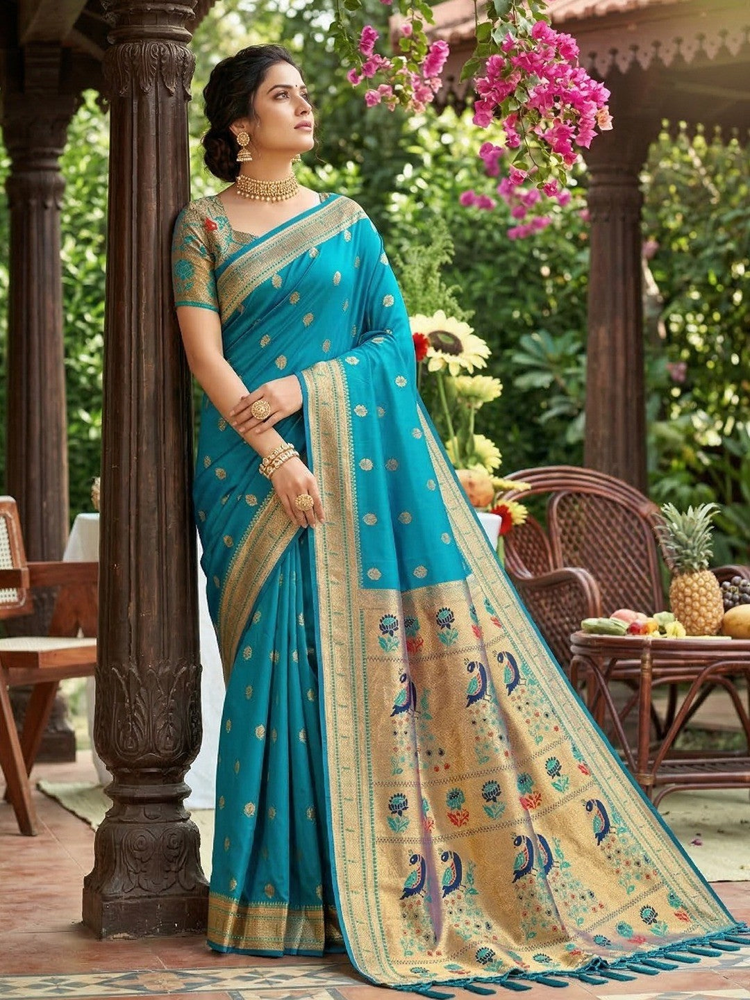 Rama Blue Silk Blend Saree with Peacock Zari Work in Paithani Style - Image 2