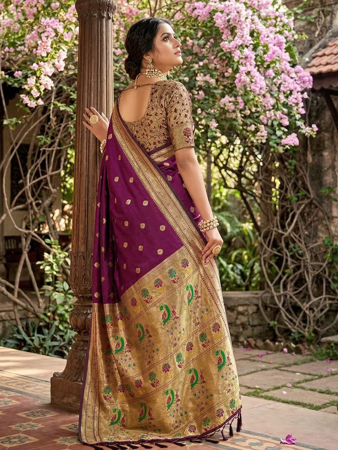Wine Silk Blend Saree with Peacock Zari Work In Paithani Style - Image 3