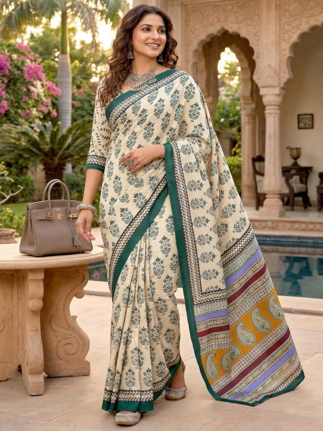 Subtle Beige & Teal Floral Printed Mulmul Cotton Saree With Delicate Print Work - Image 1