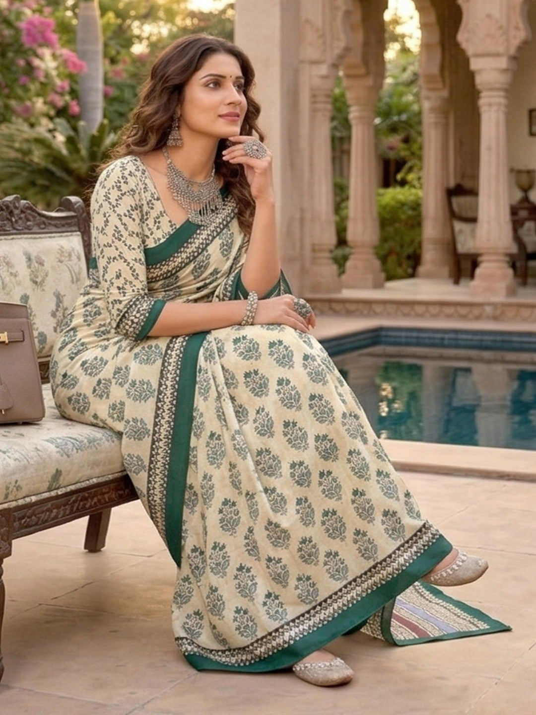 Subtle Beige & Teal Floral Printed Mulmul Cotton Saree With Delicate Print Work - Image 4