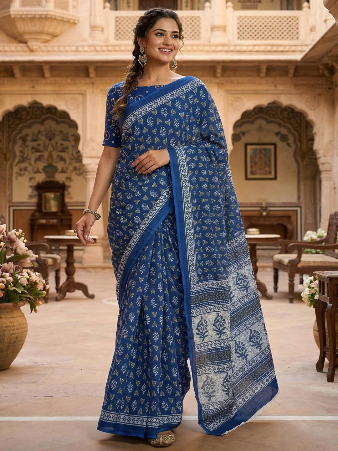 Trendy Blue Floral & Geometric Printed Mulmul Cotton Saree With Unique Pattern Work - Image 1