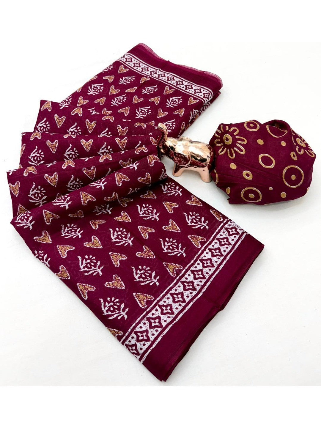 Trendy Maroon Floral & Geometric Printed Mulmul Cotton Saree With Unique Pattern Work - Image 2