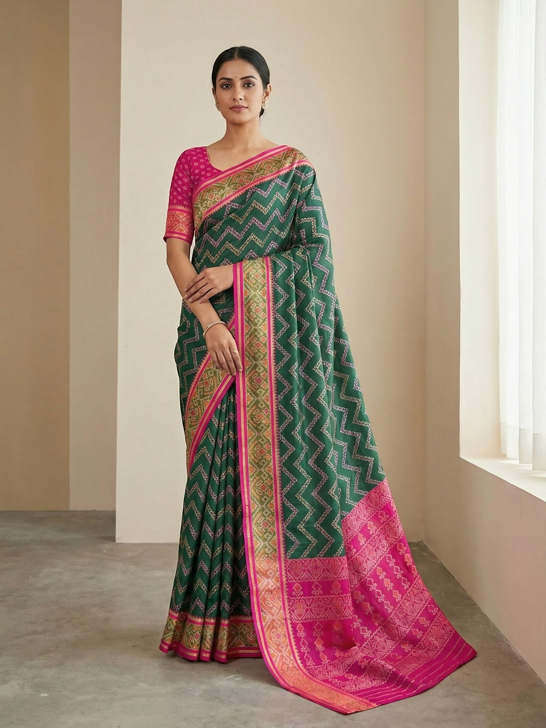 Green Art Silk Saree with Rich Pallu & Designer Jacquard Blouse - Image 1