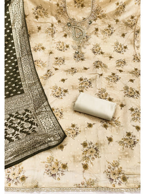 Beige Floral Printed Cotton Blend Unstitched Suit Material for Stylish Traditional Outfits - Image 2
