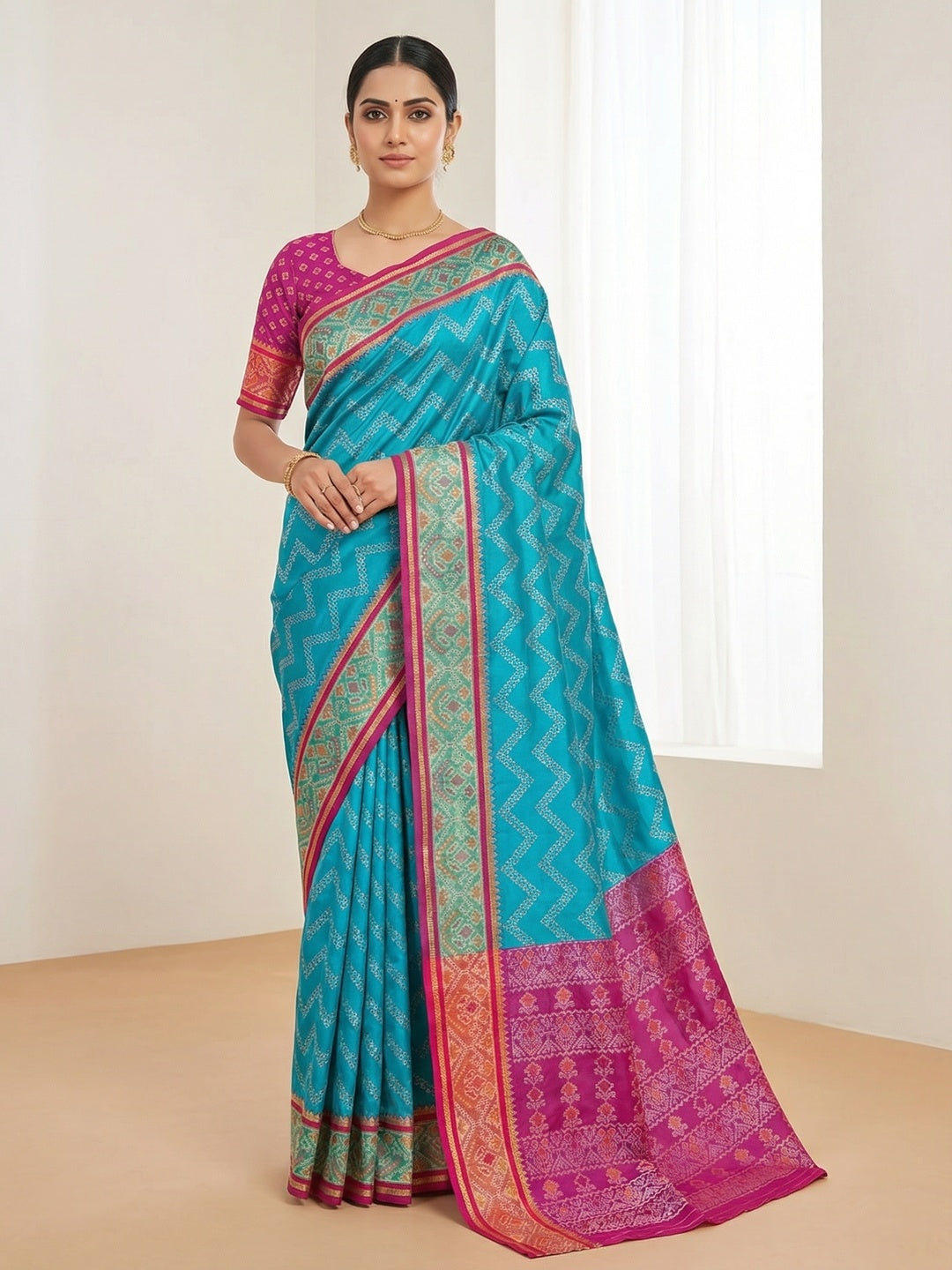 Elegant Blue Art Silk Saree with Zig-Zag Print and Pink Border - Image 1