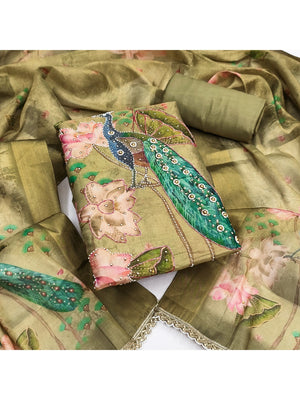 Green Cotton Silk Dress Material with Peacock Print & Lace Detail - Image 1