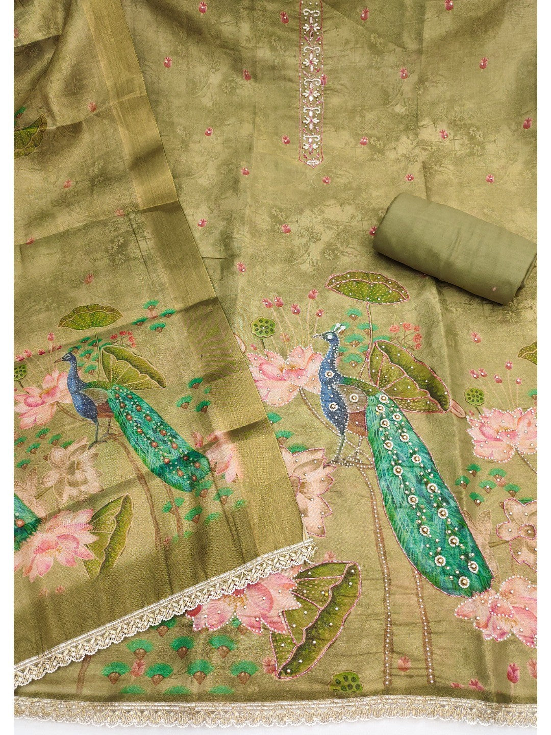 Green Cotton Silk Dress Material with Peacock Print & Lace Detail - Image 3