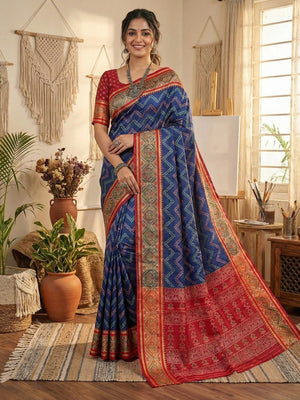 Navy Blue Zig-Zag Art Silk Saree with Contrast Red Border - Image 1