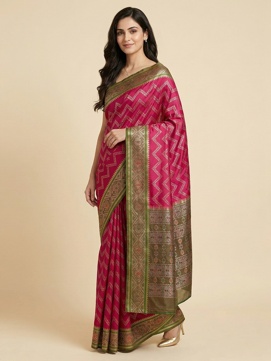 Pink Art Silk Saree with Chevron Print and Contrast Green Woven Border - Image 1