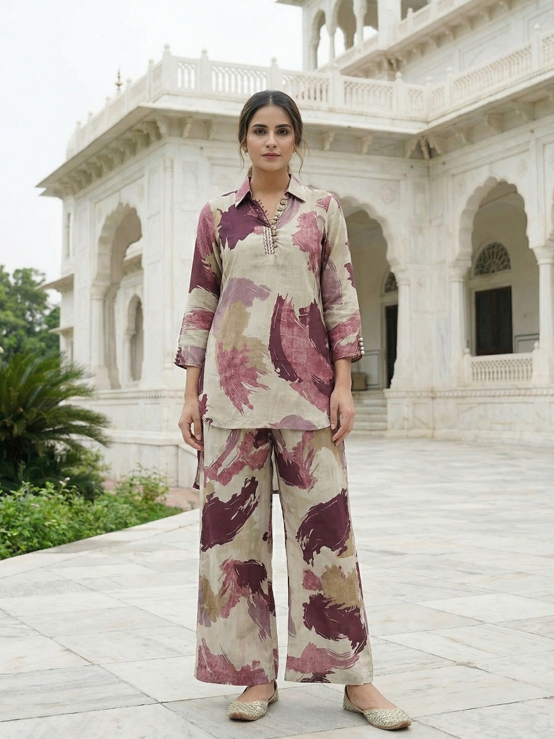 Wine Abstract Printed Viscose Two Piece Outfit with Soft Fabric and Modern Look - Image 1