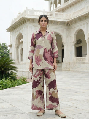 Wine Abstract Printed Viscose Two Piece Outfit with Soft Fabric and Modern Look - Image 1