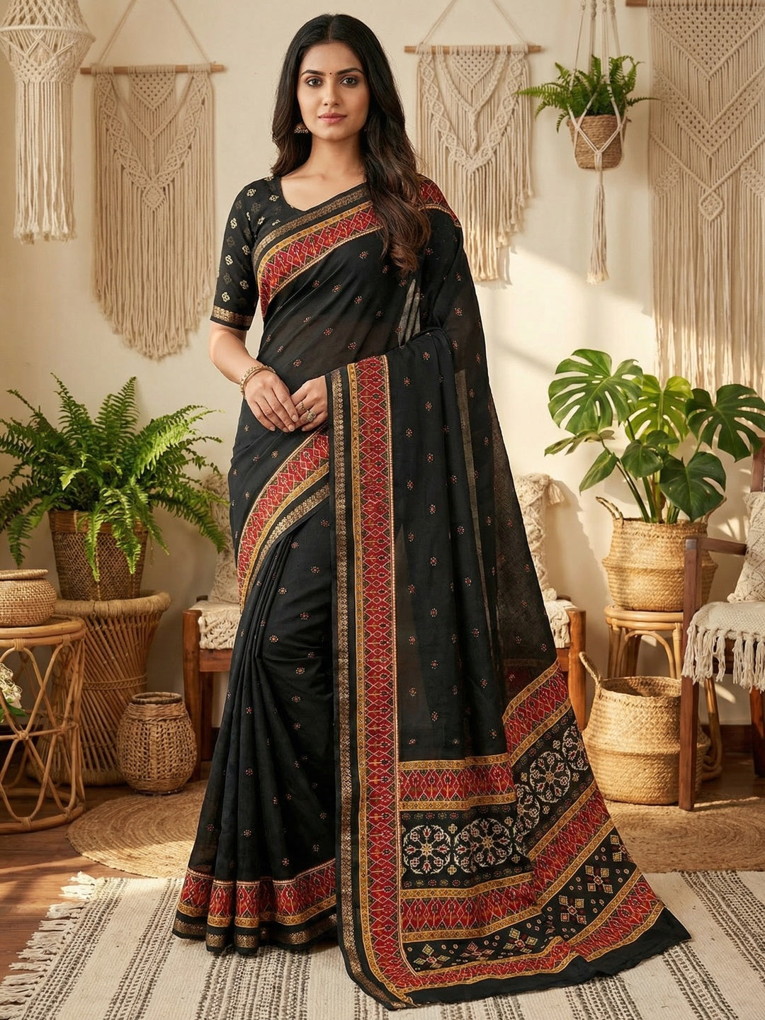 Stunning Black Viscose Saree with Patola Print Border & Graceful Look - Image 1