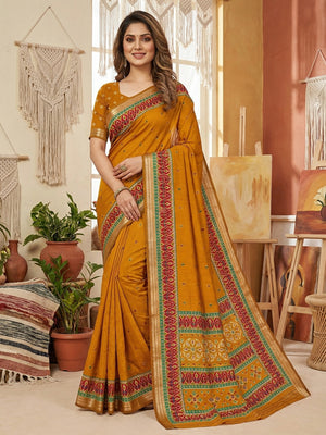 Stunning Mustard Viscose Saree with Patola Print Border & Graceful Look - Image 1