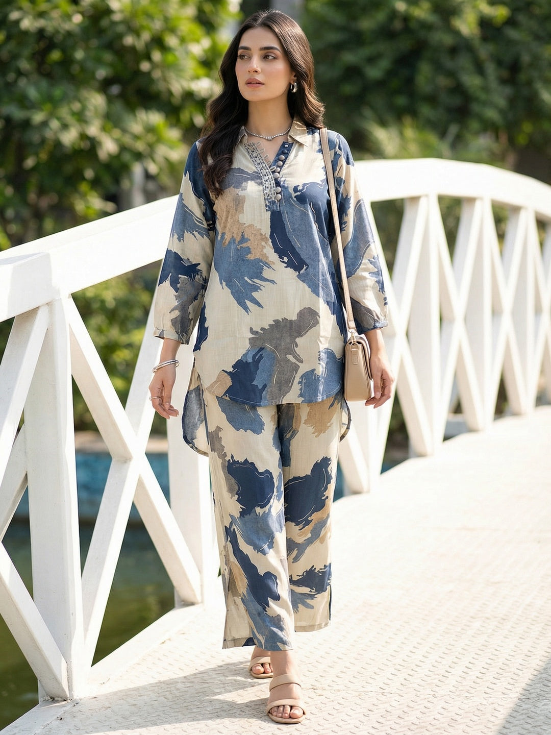 Blue Abstract Printed Viscose Two Piece Outfit with Soft Fabric and Modern Look - Image 1