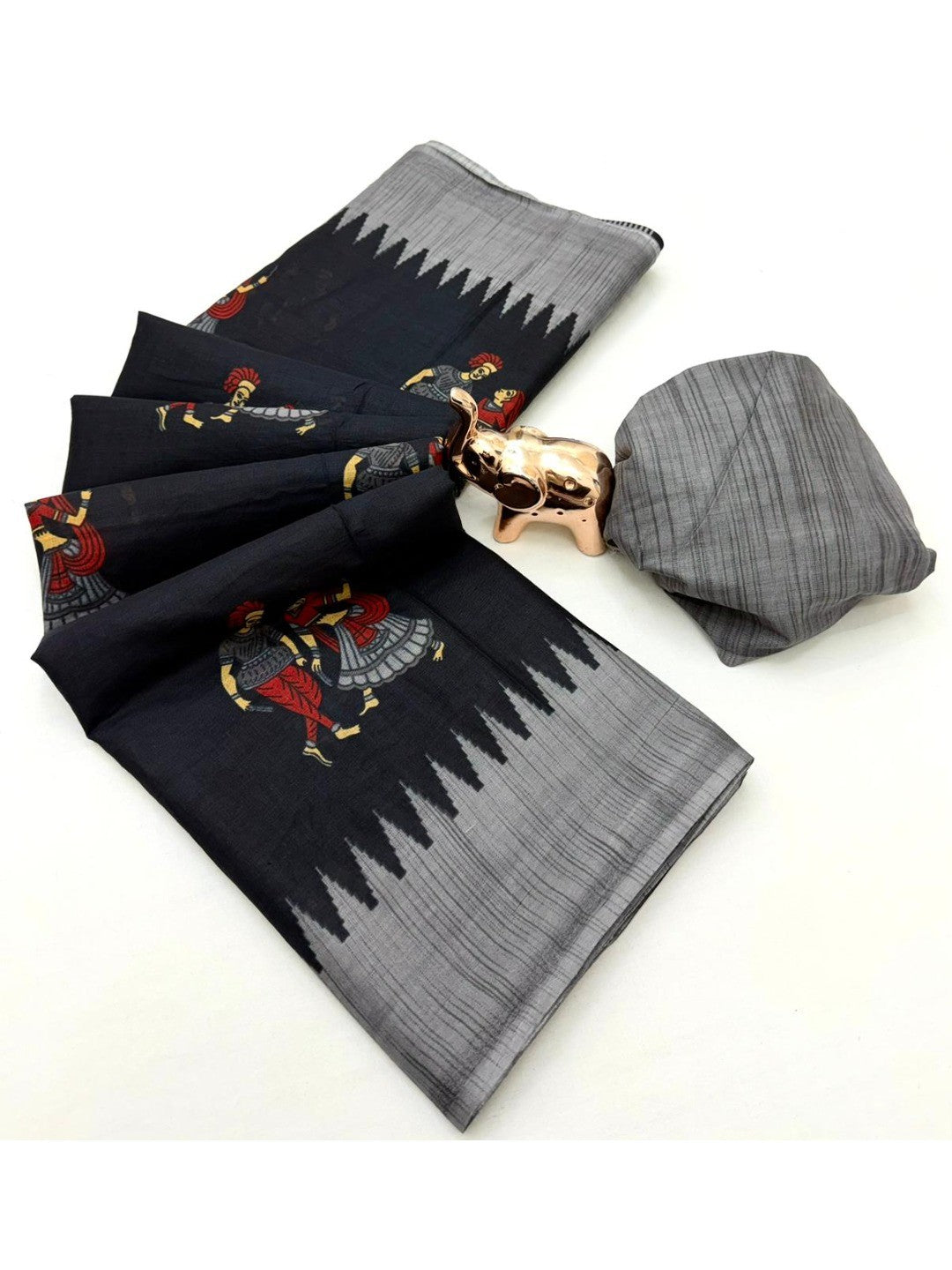 Classic Black Warli Inspired Printed Mulmul Cotton Saree With Artistic Striped Design Pallu - Image 3