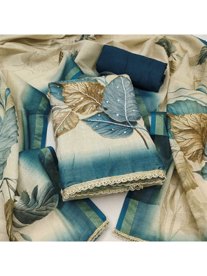 Beige & Blue Linen Floral Printed Unstitched Suit Material for Stylish Traditional Outfits - Image 1