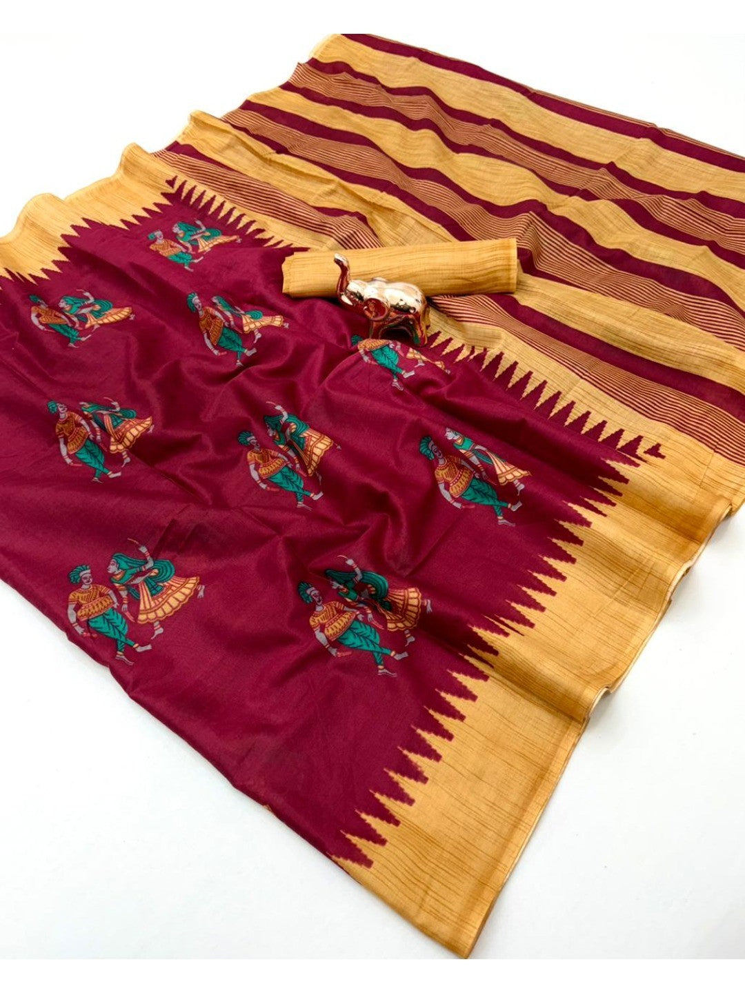 Classic Maroon Warli Inspired Printed Mulmul Cotton Saree With Artistic Striped Design Pallu - Image 2