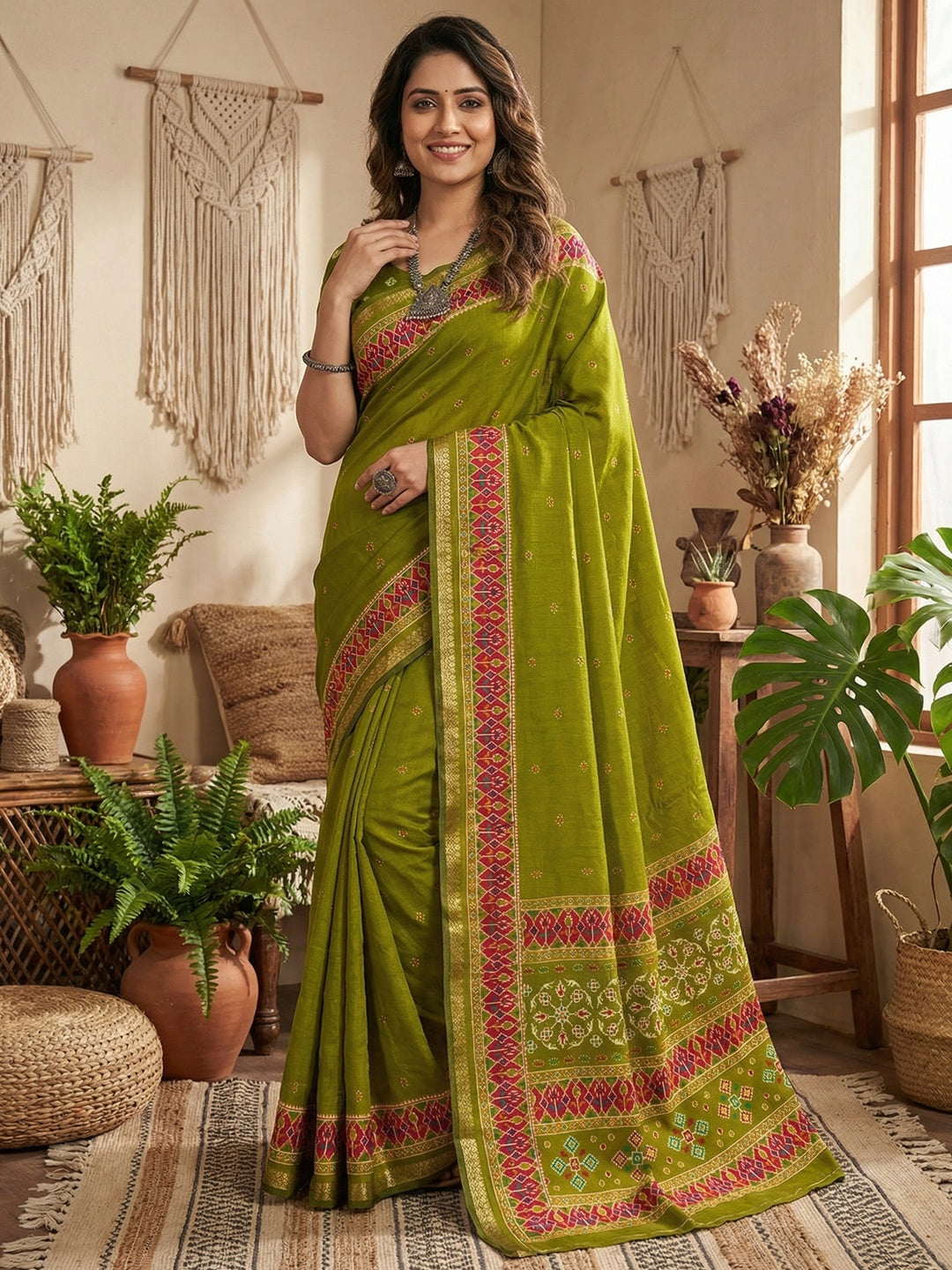 Stunning Green Viscose Saree with Border Print & Modern Look - Image 1