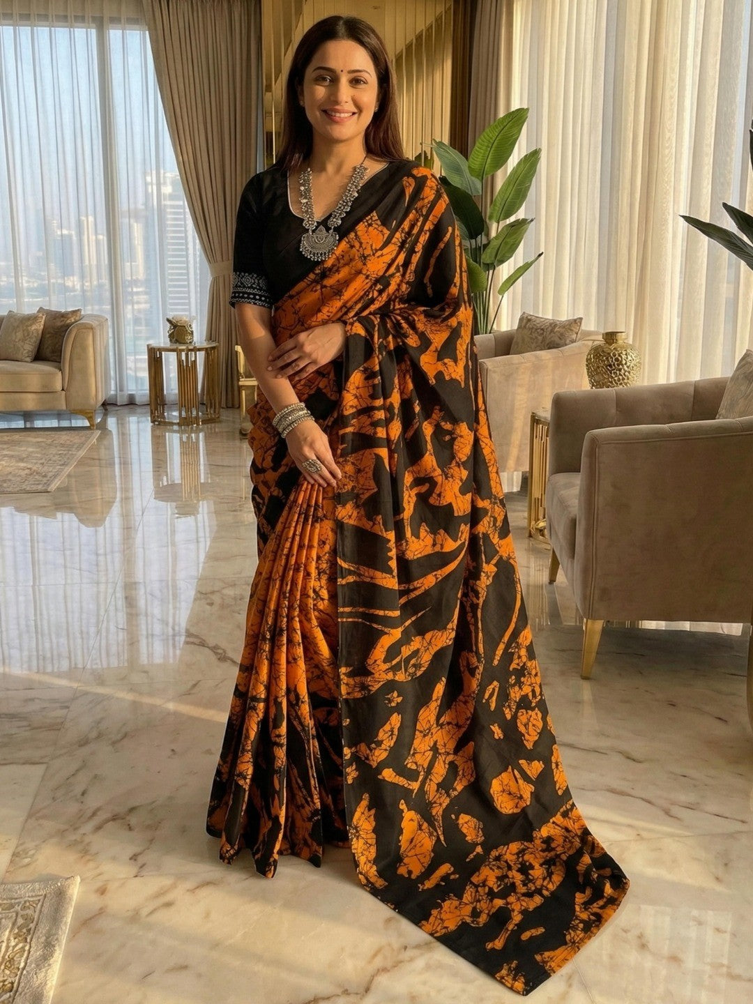 Timeless Orange Abstract Printed Mulmul Cotton Saree With Elegant Pattern Work - Image 1
