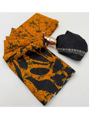 Timeless Orange Abstract Printed Mulmul Cotton Saree With Elegant Pattern Work - Image 2
