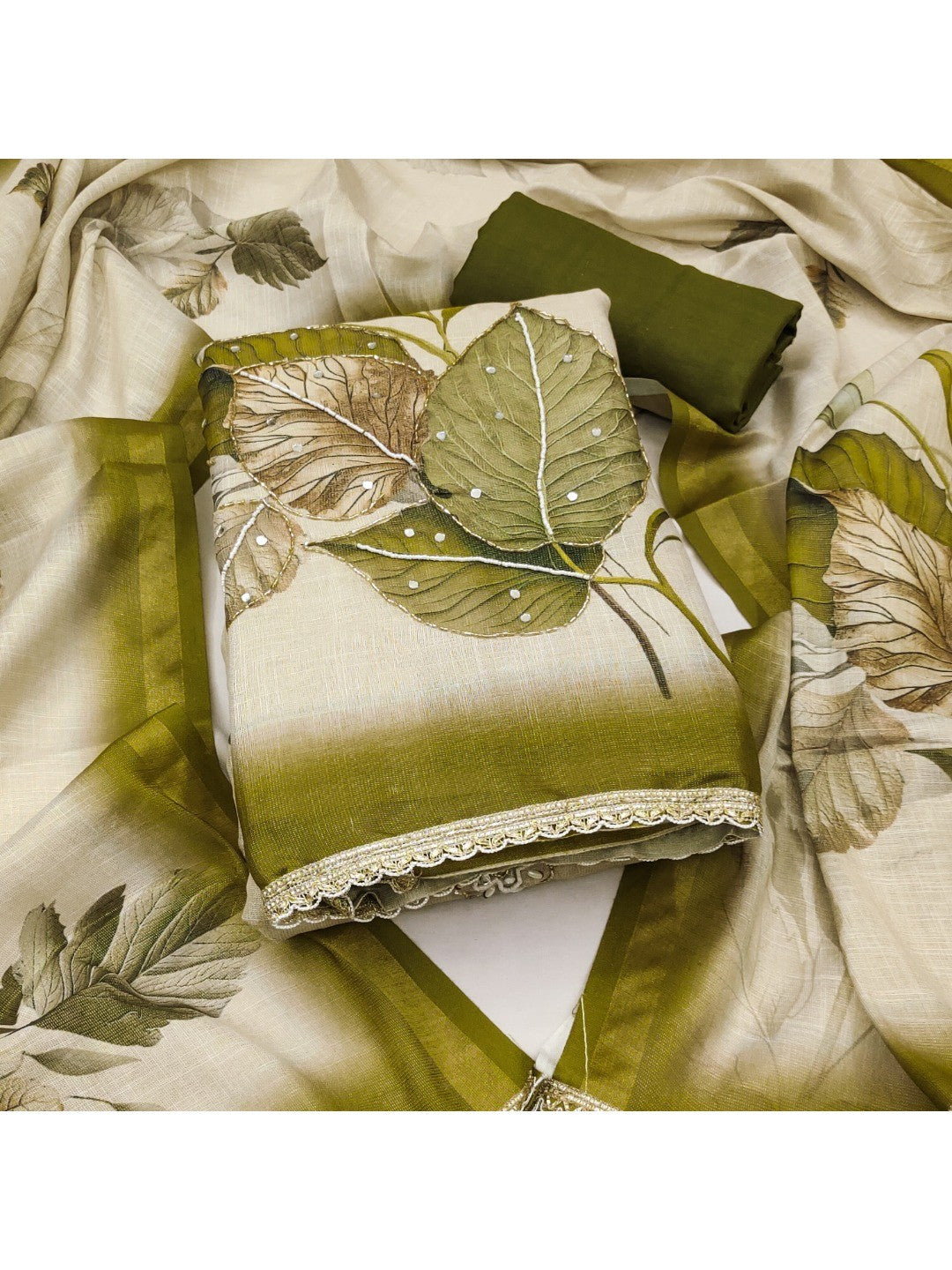 Beige & Green Linen Floral Printed Unstitched Suit Material for Stylish Traditional Outfits - Image 3