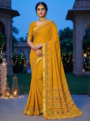 Trendy Mustard Georgette Saree with Ikkat Inspired Print for Festive Celebrations - Image 1