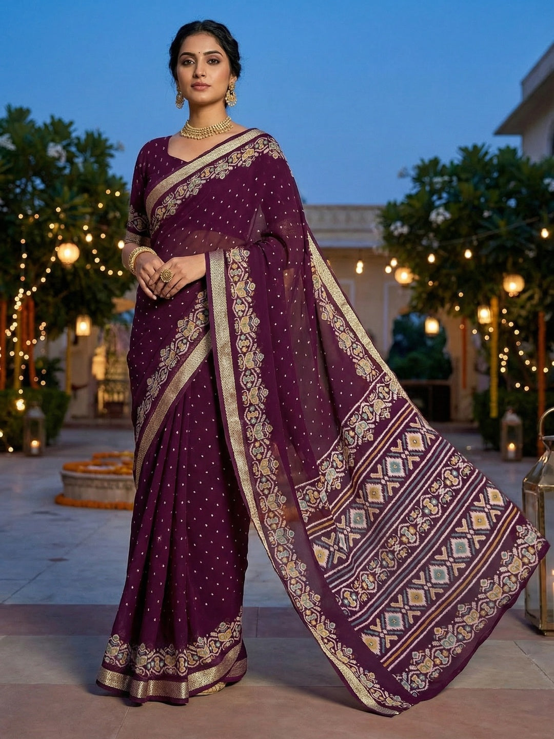 Trendy Wine Georgette Saree with Ikkat Inspired Print for Festive Celebrations - Image 1