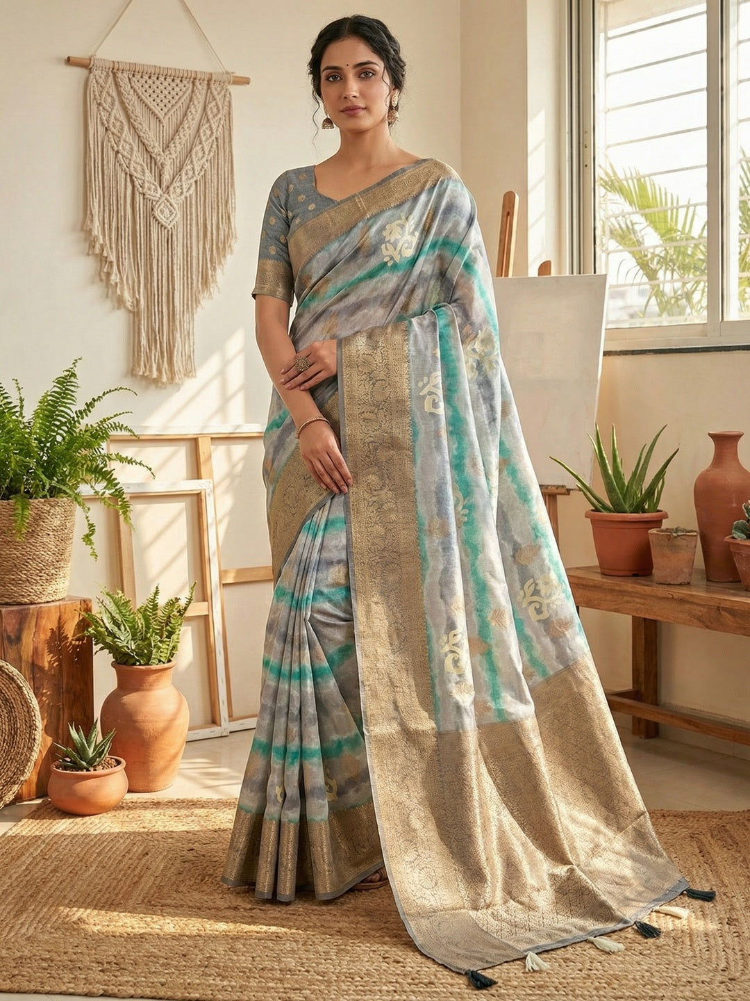 Elegant Grey Bemberg Saree with Digital Print and Rich Pallu - Image 1