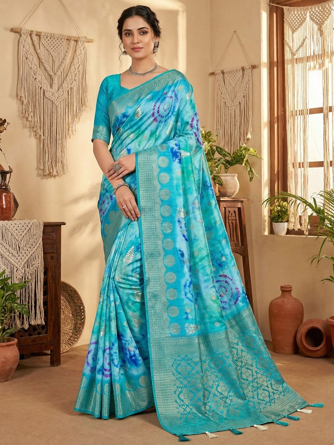 Turquoise Bemberg Saree with Digital Print and Rich Pallu - Image 1
