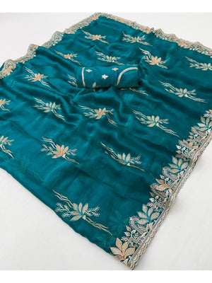 Elegant Teal Satin Saree with Floral Embroidery and Detailed Border - Image 2
