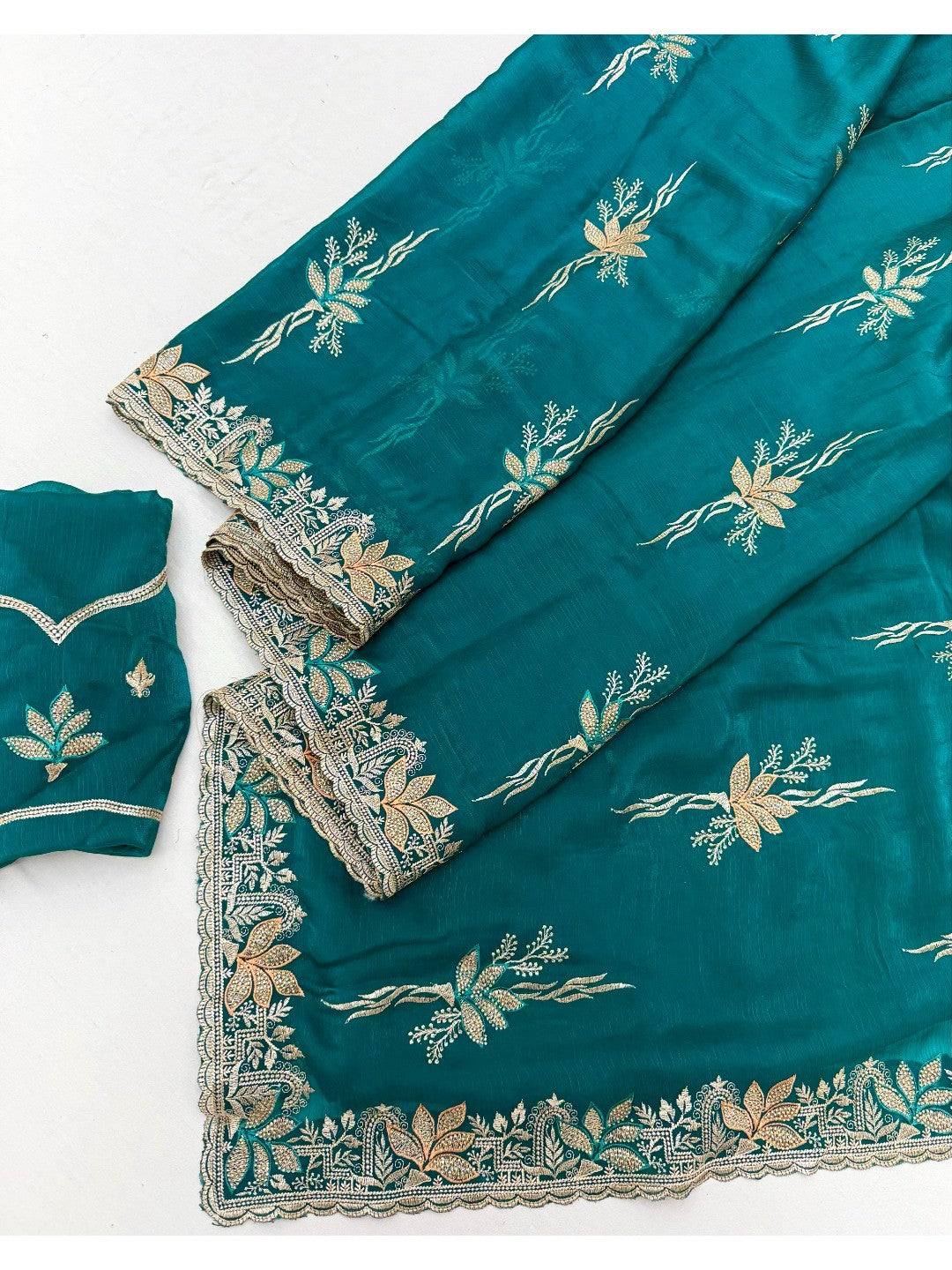Elegant Teal Satin Saree with Floral Embroidery and Detailed Border - Image 2