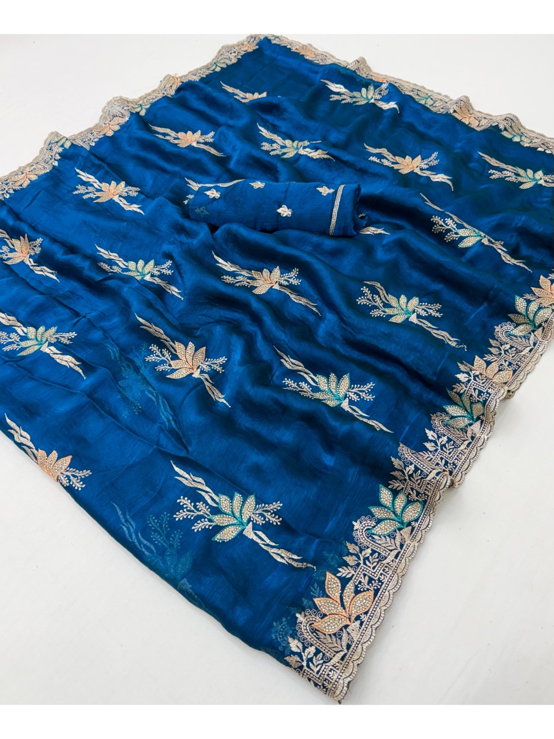 Elegant Blue Satin Saree with Designer Embroidery and Stone Work - Image 2