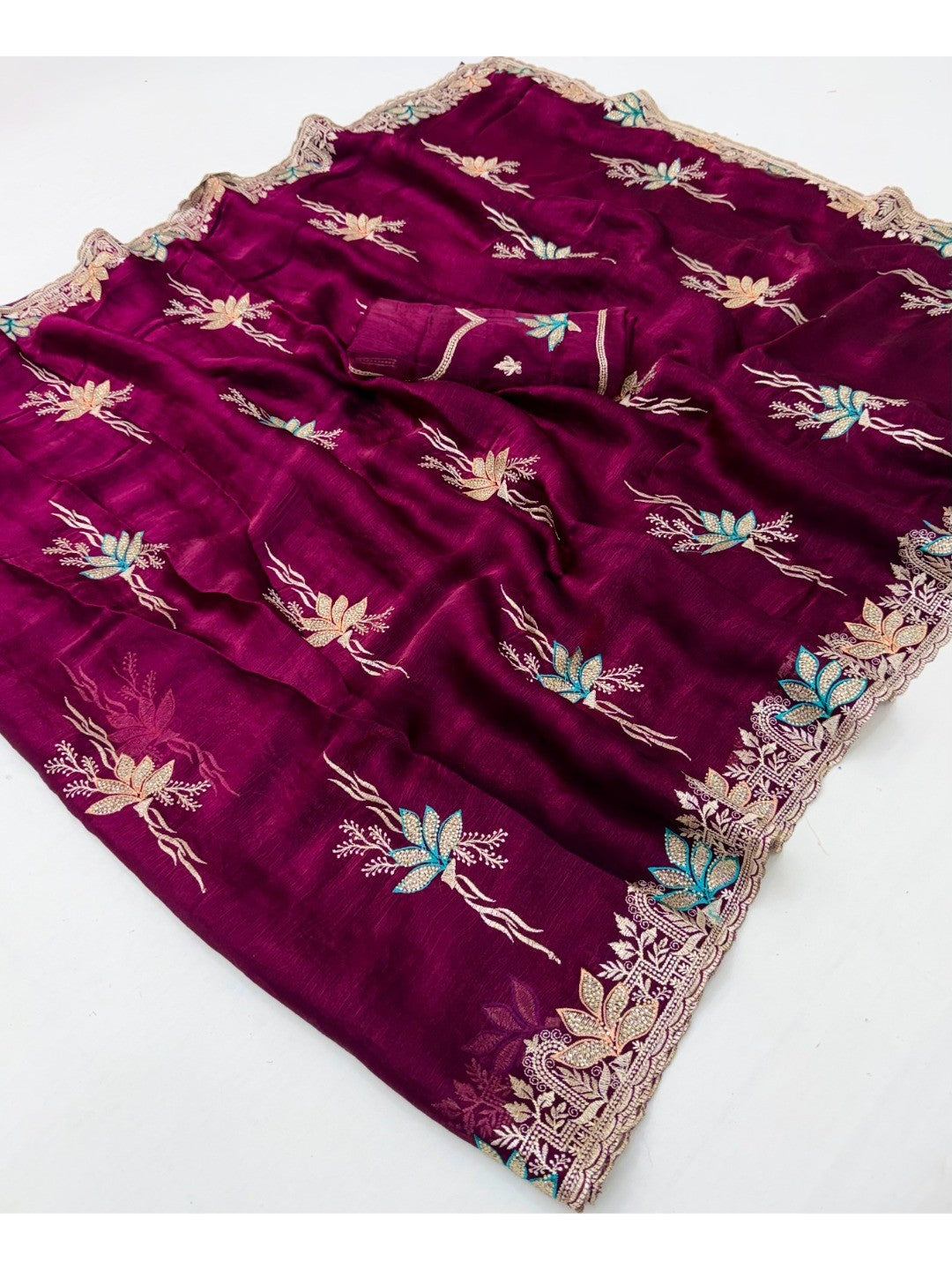 Wine Satin Saree with Designer Embroidery and Stone Work - Image 2